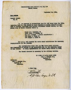 Special Orders No. 12 Extract, Headquarters Base Hospital No. 15, Casual Bureau, by order of Rolfe Floyd, September 26, 1918